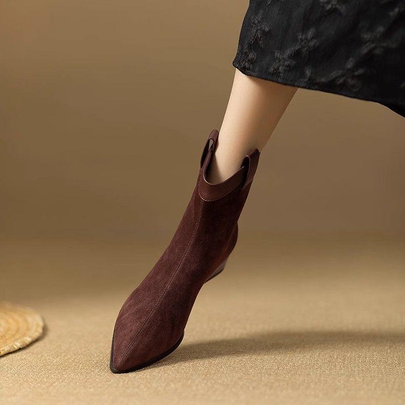 Mode Spitzschuh Elegant mit Mittelhohen Absätzen Damen Stiefeletten Herbst Winter Wildleder Chelsea Stiefeletten Bequem Heiß Damen Kurze Schuhe