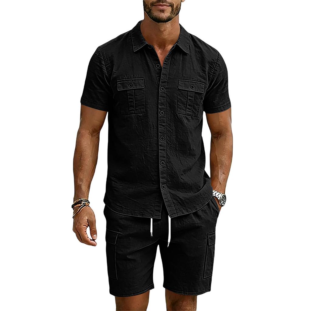 Men's Summer Linen Short Sleeve Shirt and Cargo Shorts Set Casual Lightweight Breathable Multi Pocket Two Piece Outfit