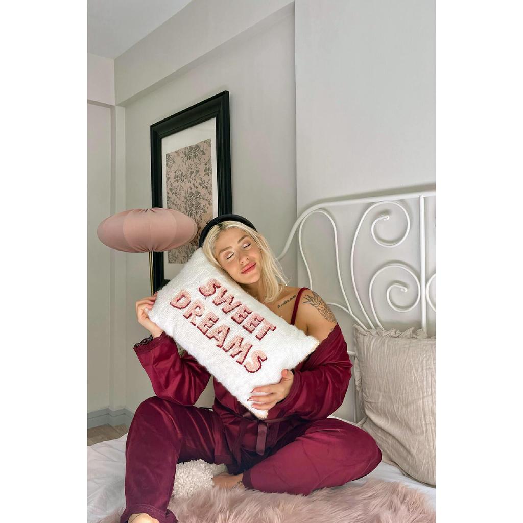 Burgundy Claret Exclusive Velvet Women's Pajama Set With Robe