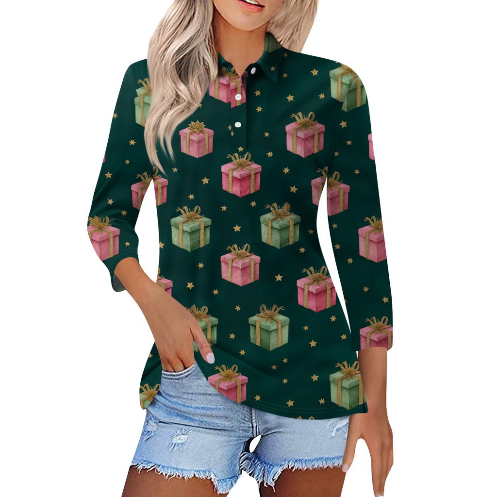 Women's Fashion Casual Button 3/4 Sleeve Vintage  Print Lapel Top