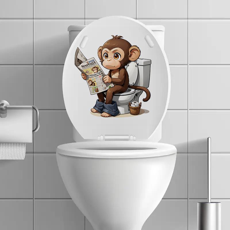 3D Funny Cartoon Monkey Reading Newspaper Toilet Wall Sticker Self-Adhesive Waterproof Removable Bathroom Home Decor Art