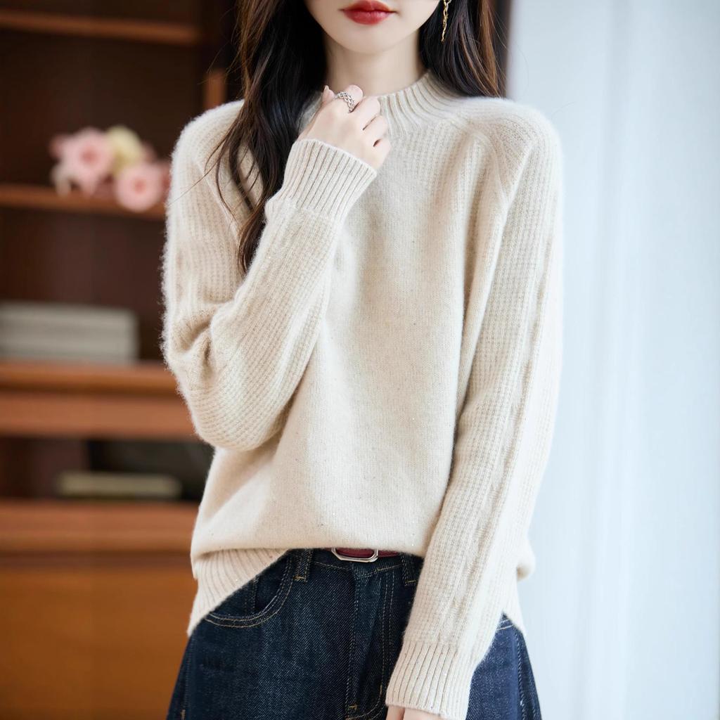 Autumn/Winter Women's 100% Wool Seamless Knit Sweater with Sequins - Half-High Collar, Thickened, Loose Fit
