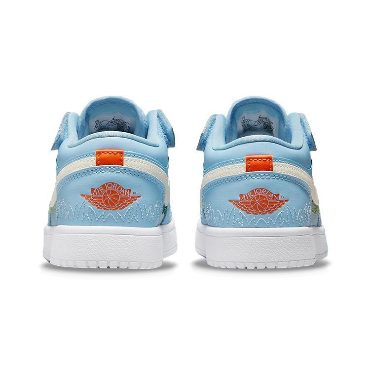 Air Jordan 1 Low SE PS Blue Stitch Kids Sneakers Psychic-Blue Vivid-Green Safety-Orange DR9500-400