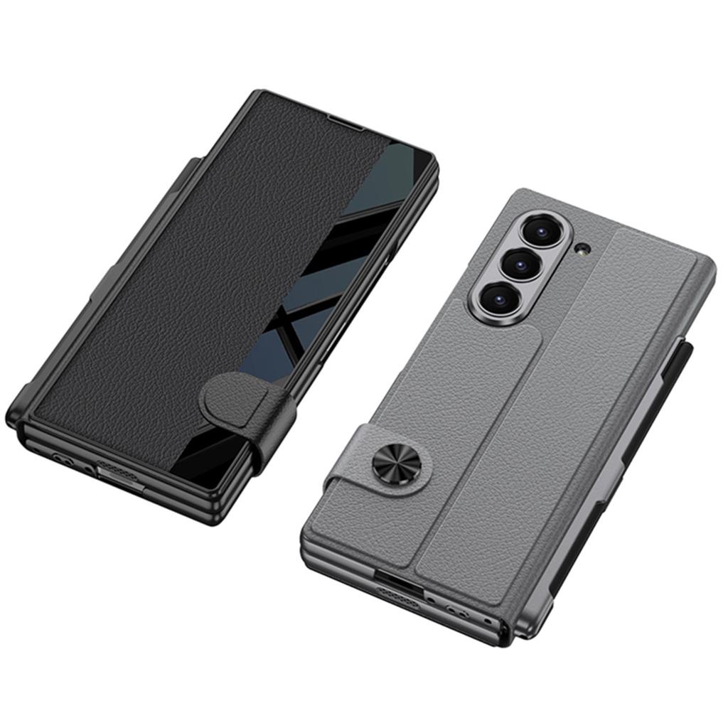Samsung Z Fold6 Mobile Phone Chitin Leather Bracket Folding Screen Anti Fall Flip Cover Leather Case Film Integrated Pen Slot