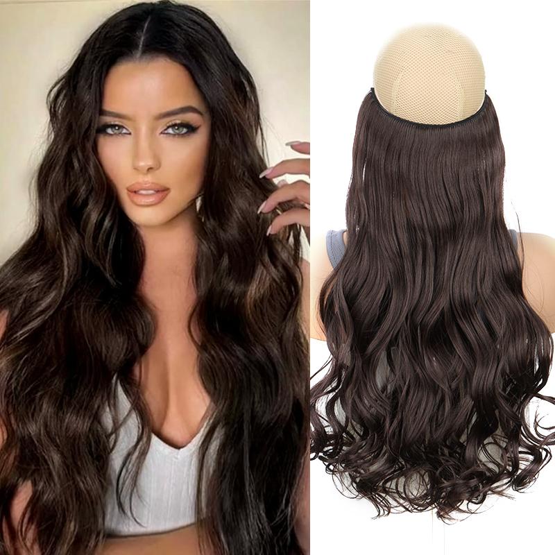Invisible Wire Hair Extensions 22 Inch Halo Hair Extension Long Wavy Synthetic Hairpiece with Transparent Wire Adjustable Size Clips for Women