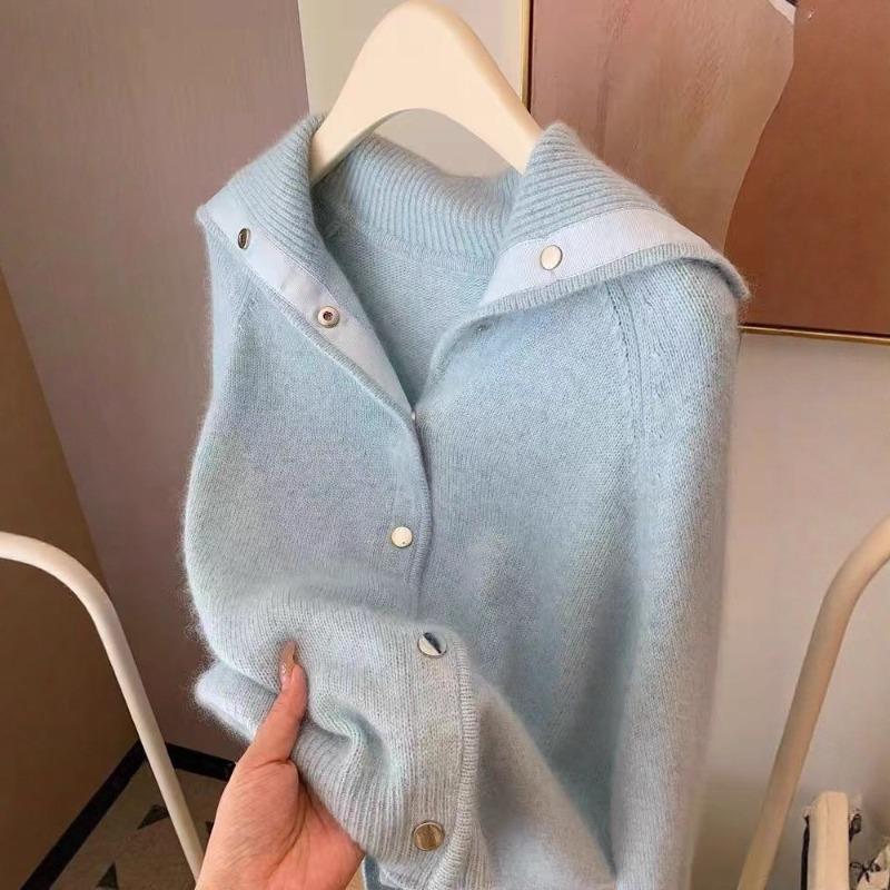 Lapel milk whirring blue soft waxy outer sweater jacket knitted cardigan women's loose lazy style high-end top