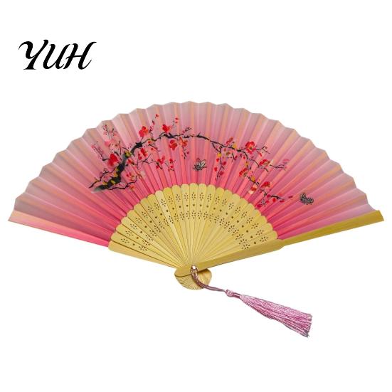 Floral Pattern Fan for Dancing Vintage Bamboo Folding Hand Imitation Silk Portable Handheld Women Personal Accessory Chinese Style with Tassel Pendant