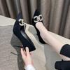Rhinestone suede black high heels women's stiletto 2025 spring new French pointed buckle banquet dress single shoes