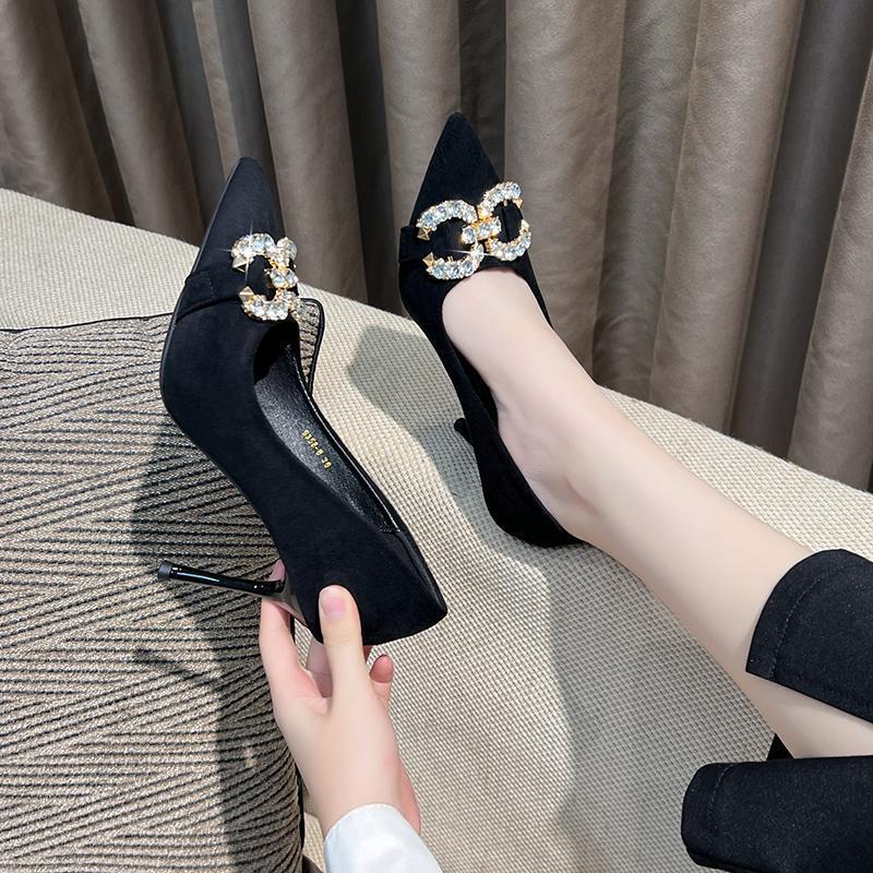 Rhinestone suede black high heels women's stiletto 2025 spring new French pointed buckle banquet dress single shoes