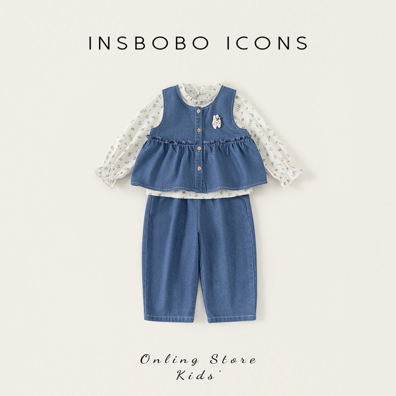 Insbobo Girls  Spring Outfit 2026 New Spring Children s Long-Sleeved Shirt Girl s Denim Three-Piece Set Cowboy Blue 100