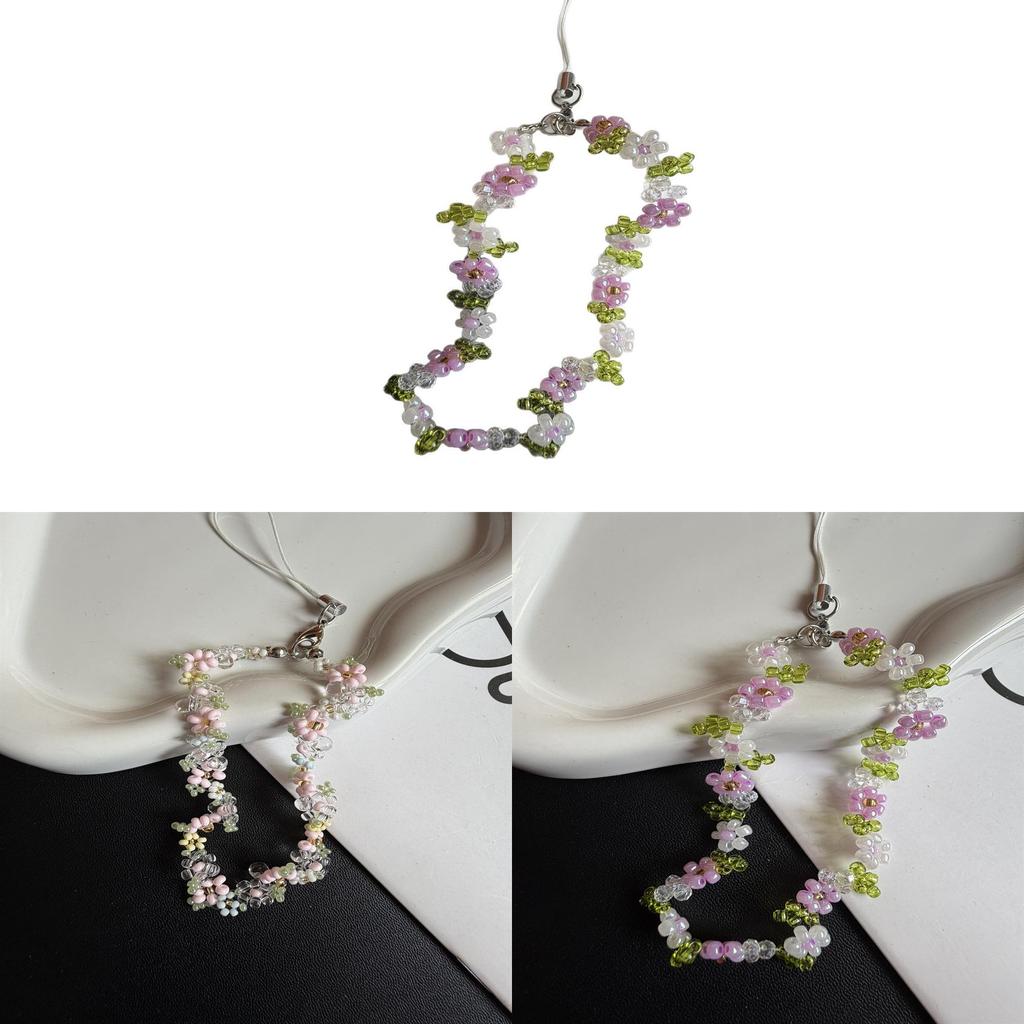 Handmade Girl Phone Lanyard With Floral Green Leaf Beads Pvc Cord For Smartphone Accessories