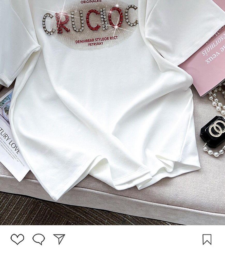 Women's 2024 Summer Trendy Loose Short Sleeve Pure Cotton Studded T-Shirt