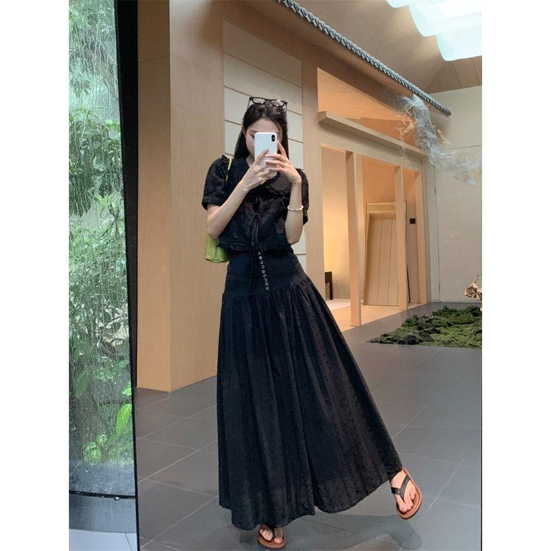 Stylish Lace Embroider Puff Sleeve Shirt Black Suit Women's Autumn Skirt Long Skirt Large Swing Skirt Two-piece Set
