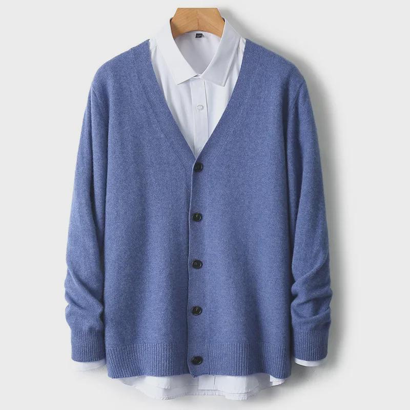 Pánský kašmírový vlněný kardigan svetr s výstřihem do V - Volný jednobarevný, Dlouhý rukáv, Ležérní univerzální (2024).