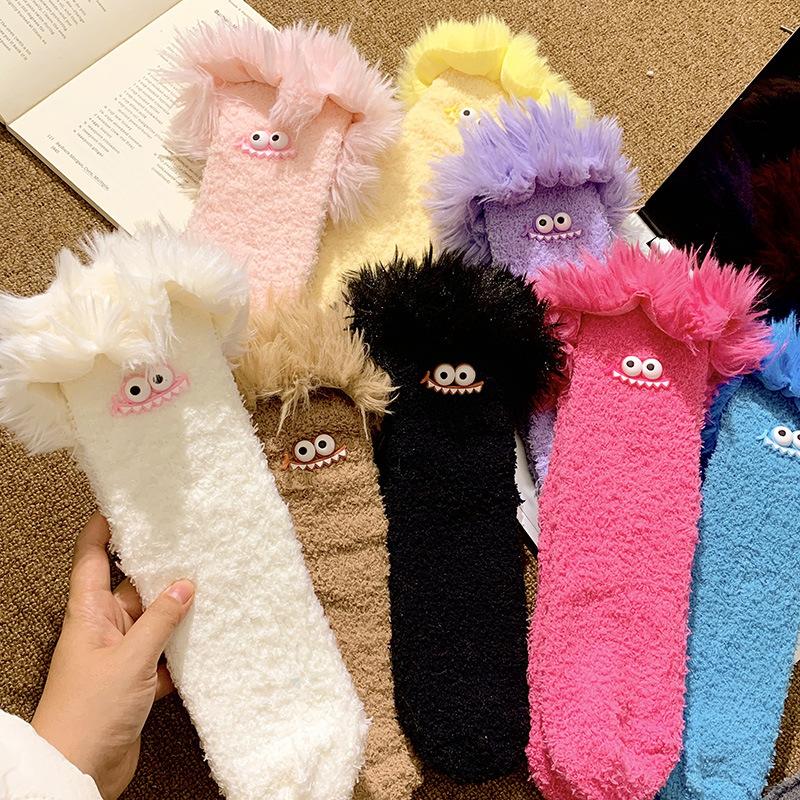 Funny Big Mouth Monster Plush Socks Cartoon Creative Warm Plush Thick Coral Velvet Sleeping Socks Winter Women Socks Gifts