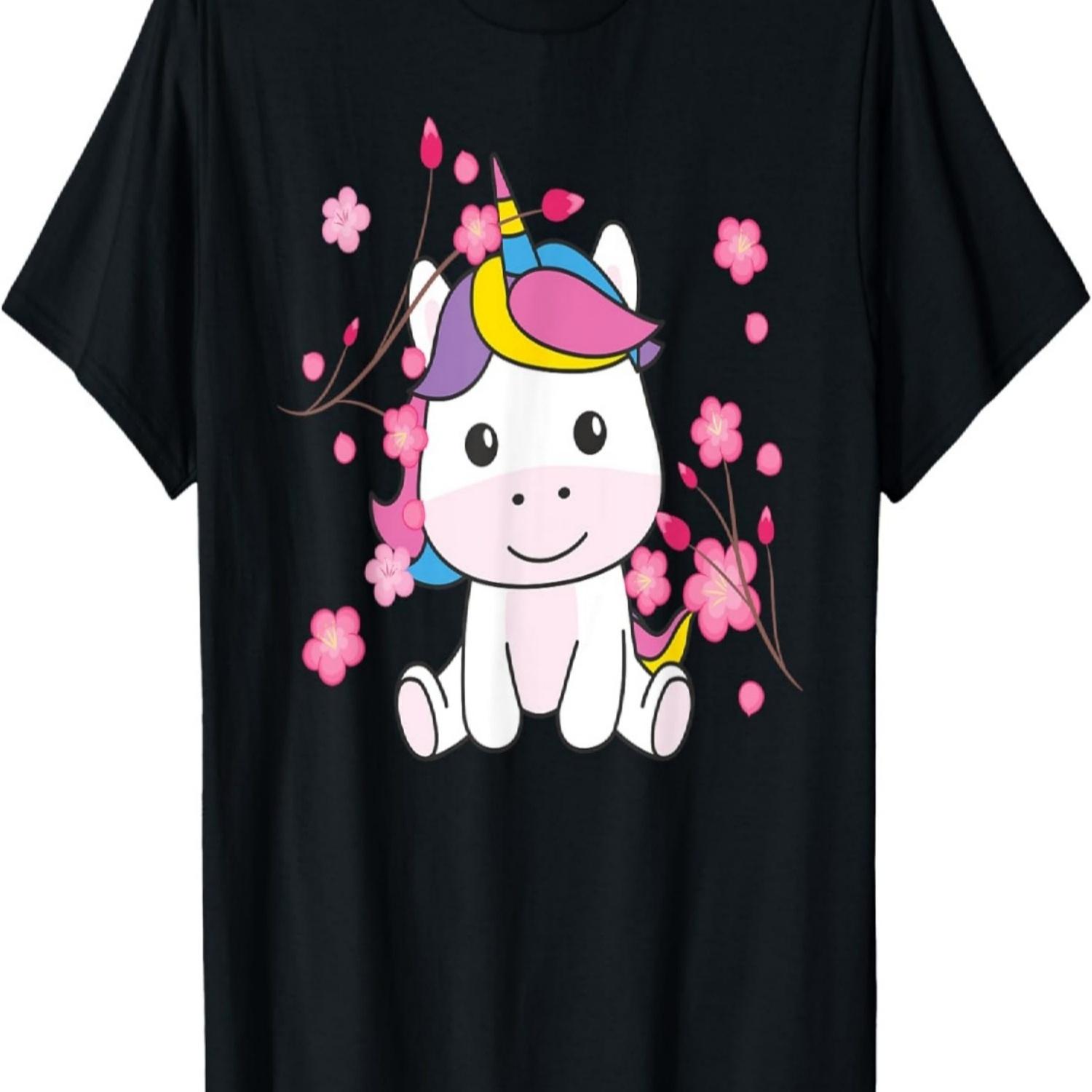 Unicorn Cute Animals For Kids Kawaii Cherry Blossoms T-Shirt S