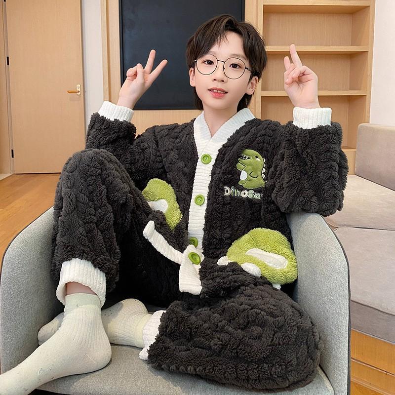 Boys Winter Warm Fleece Pajama Set With Zipper Collar Cartoon Print Long Sleeve Sleepwear Ages 8-14