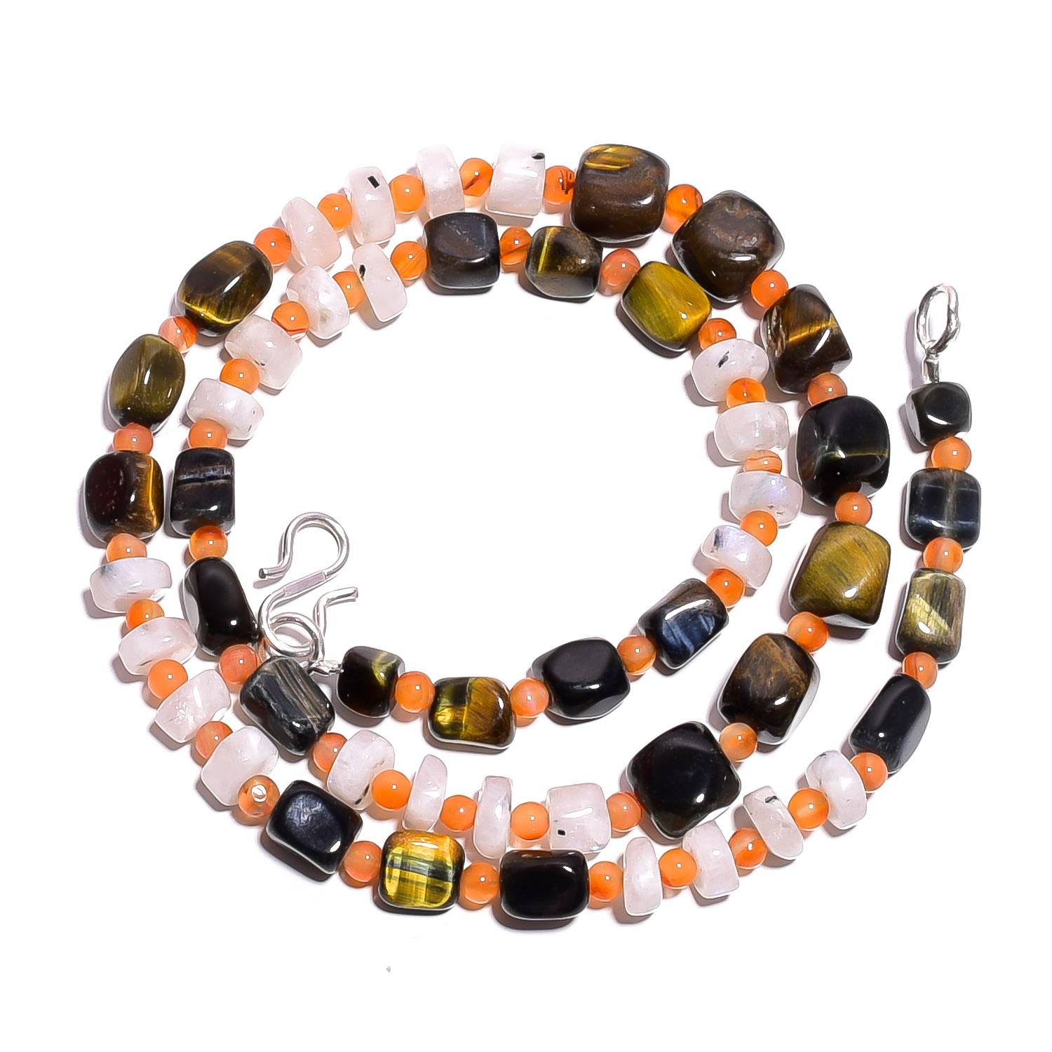 

Natural Tiger Eye Moonstone Carnelian Gemstone Smooth Beads Necklace 17 UB-4773 UB-4773