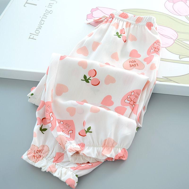 Sommer Mädchen Baumwolle und Seide Mückensichere Hose Dünn und Vielseitig Kinder Blumen Laternenhose Kunstbaumwolle Freizeithose