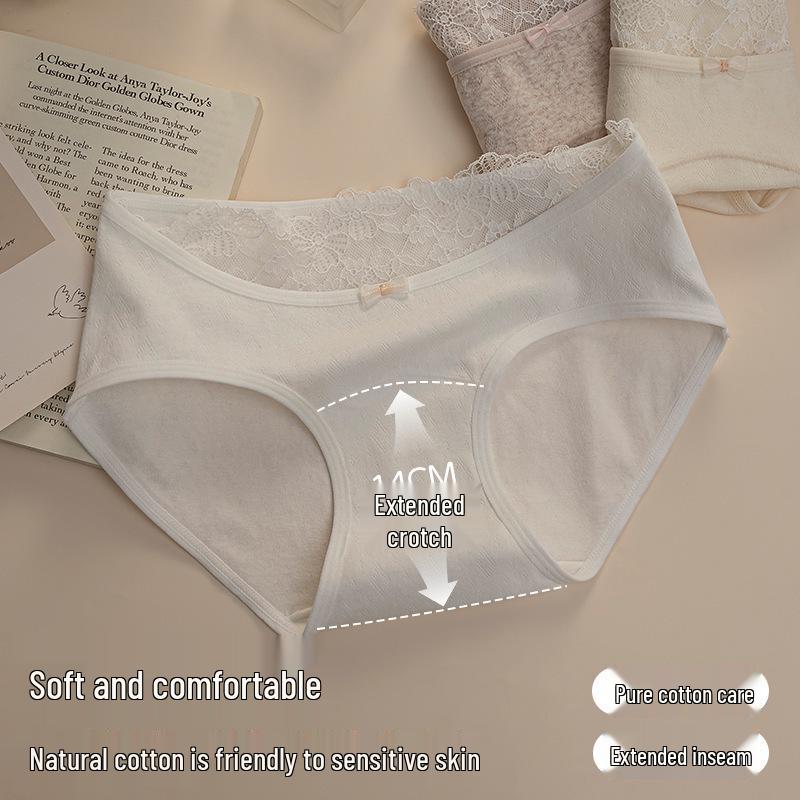 Pure Desire Women's All-Cotton Mid-Waist Lace Trim Panties with Antibacterial Extended Crotch