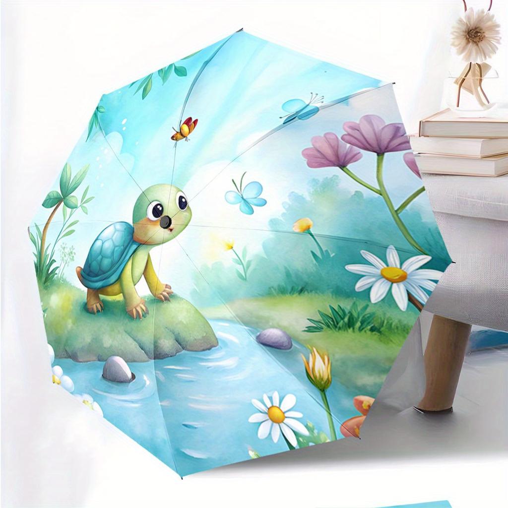 Folding umbrella Colorful turtle by a stream, surrounded by flowers and butterflies Creative portable folding umbrella, suitab