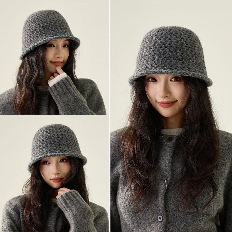 Autumn Winter Knitted Bucket Hat Women's Curling Imitation Hand Hook Hollow Fisherman Hat Warm Ear Protection Basin Hat