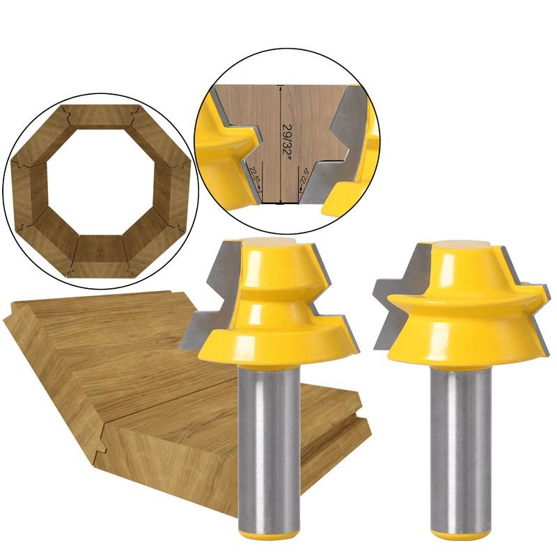 2PC Lock Miter Router 22.5 Degree Glue Joinery Router Bit Set Tenon Cutter for Woodworking Tools 8mm 12mm 1/2inch Shank