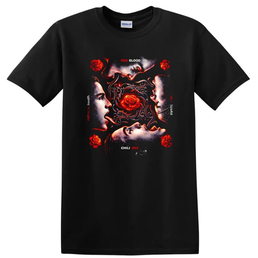 Red Blood Vintage Art T Shirt with Rose Design and Chili Sex Theme Tee