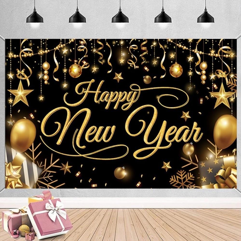 Black Gold 2026 New Year Backdrops Colorful Balloon Night Glittering Celebration Banner Polyester Champagne Party Background