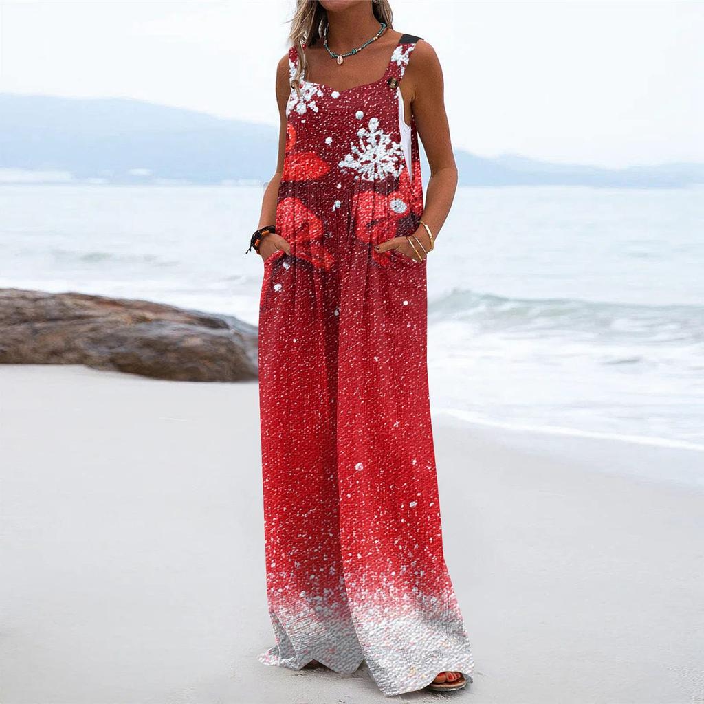 Damen Weihnachten Print Einfarbig Weites Bein Trägerlos Tanktasche Lässiger Einteiler