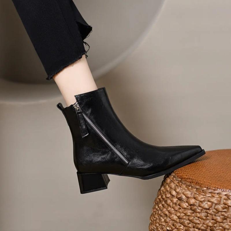 Soft Leather Thick Heel Short Boots Women's Pointed Middle Heel Thin Boots Velvet Women's Shoes Winter New Cotton Leather Shoes Martin Boots