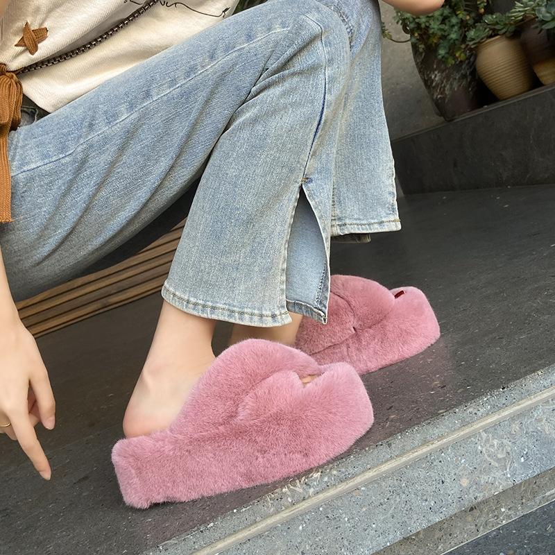 Cm Fluffy Shoes Women Wear  Internet Celebrity Explosion Autumn and Winter Go Out Thick-soled Plush Cotton Slippers
