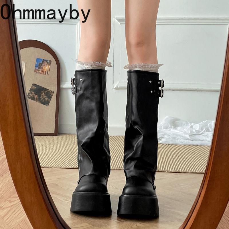 Winter Punk Style Women Knee High Boots Fashion Belt Buckle Long Boots Female Elegant Platform Heel Women'S Knight Botties