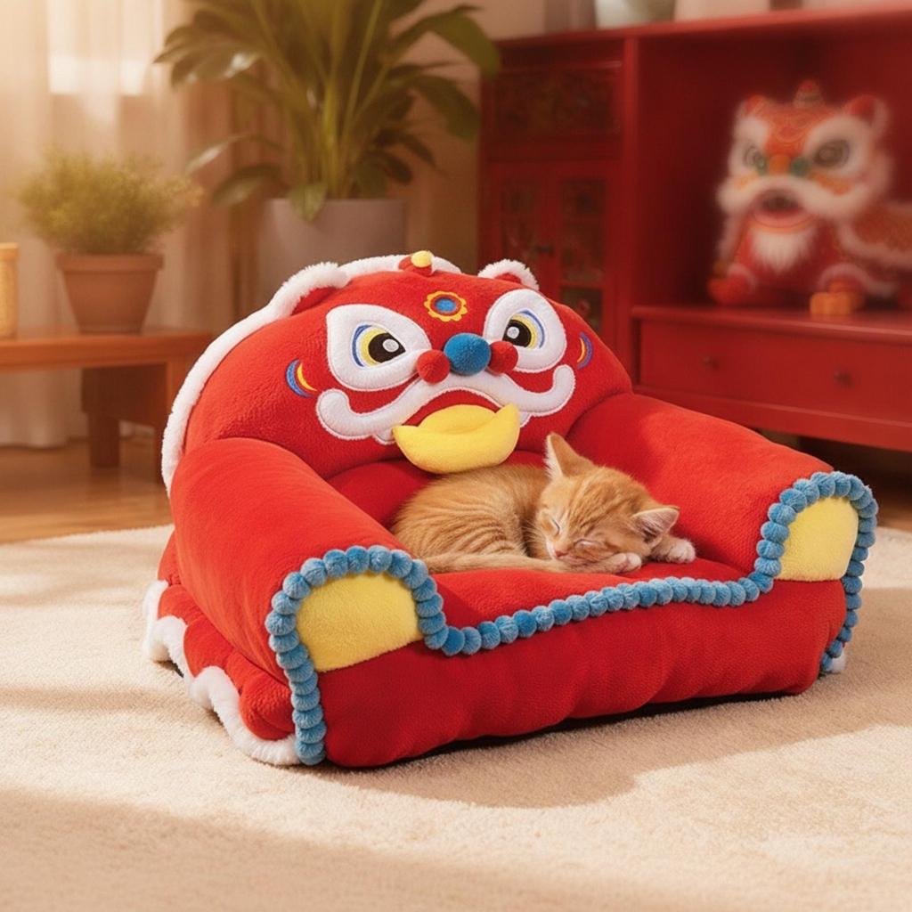 Lion-Dance Themed Pet Bed Supportive Dog Sofa Stylish for Bedrooms