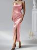 Elegant Satin Pleated Camisole Slit Evening Gown - Spring/Summer Style for Women