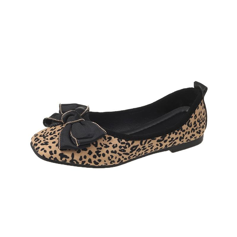Womens 2025 new modelDress simple Casual Shoes Bow Leopard Shallow Mouth Non slip women's shoes Soft Leather fashion Flat