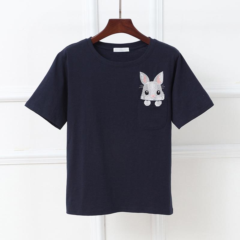 Damen Baumwoll-T-Shirt Mode Cartoon Niedlich Tasche Stickerei Hase Locker Kurzärmliges T-Shirt