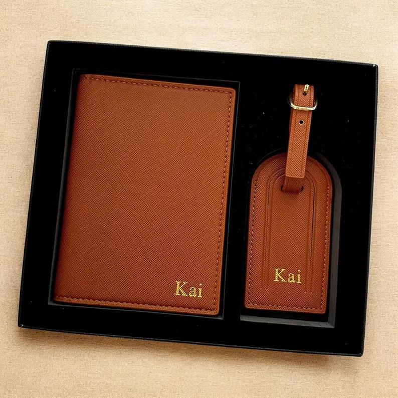 Free Monogrammed Initial Letters Gift Box Set Saffiano Leather Passport Holder Luggage Tag Passport Cover Travel Accessories