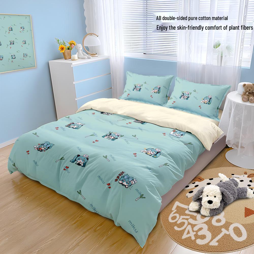 Hatsune Miku Pure Cotton 4-Piece Bedding Set: Cute Duvet Cover & Fitted Sheet for Students