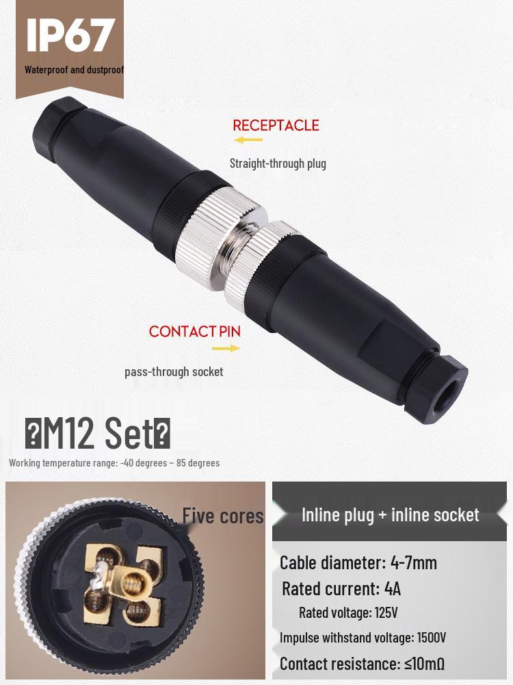 M12 Waterproof Sensor Connector: Male & Female Aviation Plug, 34-Pin, 5-Hole, 8P, Straight & Elbow, Three-Core Socket.