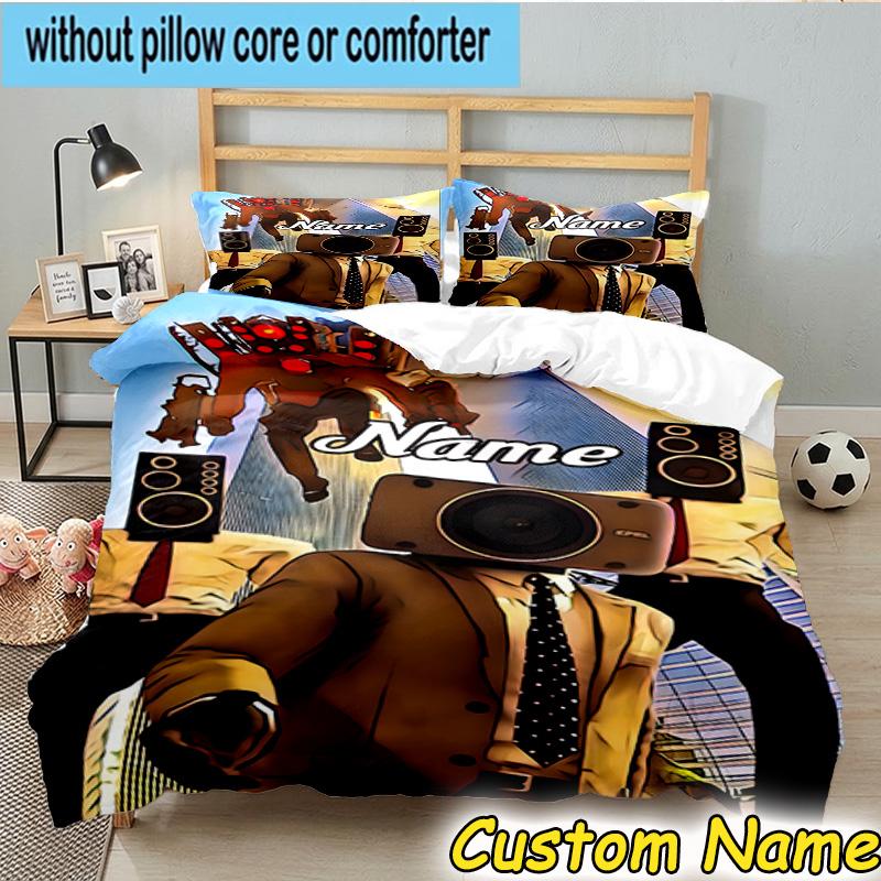 3PCS Custom Name Robo-Dance Skibidi Heart Bedding Set Including 1pc Duvet Cover And 2pcs Pillowcases for Bedroom, Dormitory Gift Home Decor