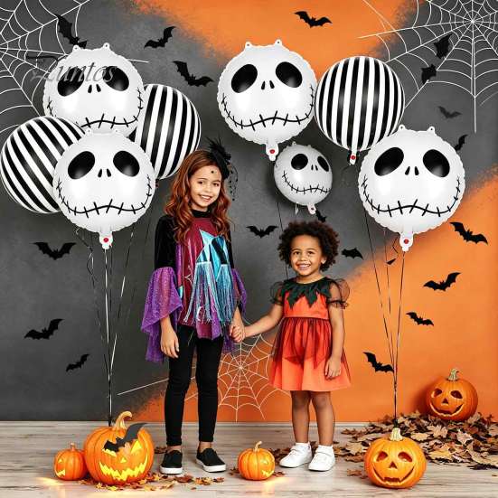 Carnival Themed Decorations 12PCS Halloween Skull Balloon Set, Aluminum Foil Balloons, Black And White Balloons Striped Realistic Print for