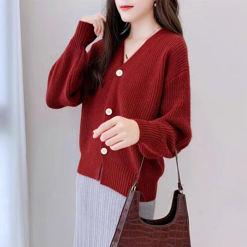 Vintage v-neck knitted cardigan jacket spring and autumn new loose lazy wind soft waxy sweater women