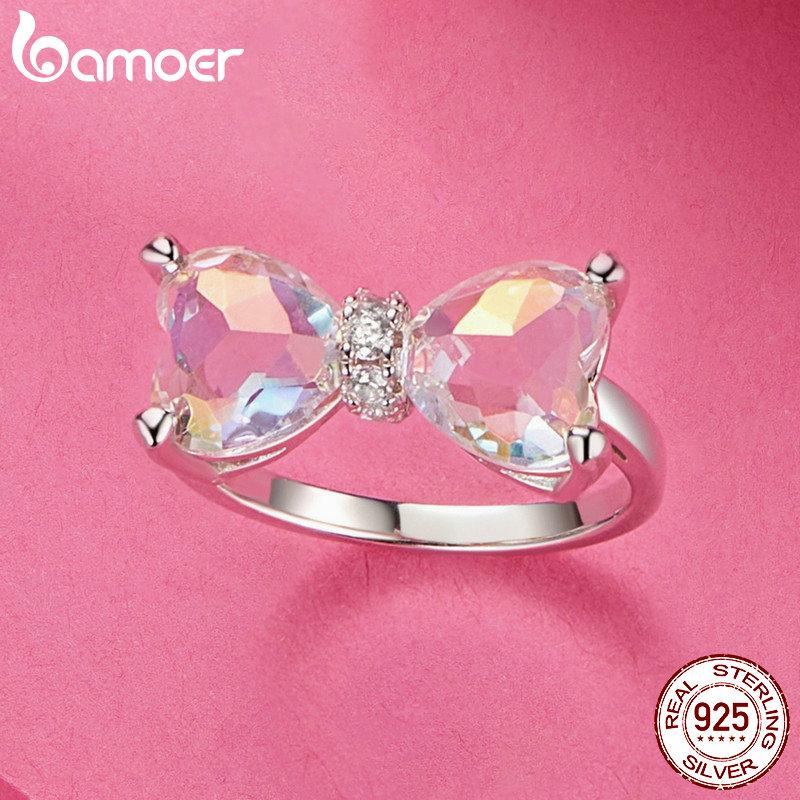 Bamoer 925 Sterling Sølv Stor Sommerfugl Sløyfe Ring Regnbue Rektangel Krystall Statement Ringer Søt Jente Bursdagsfest Gave