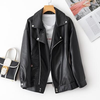 New Loose Lapel Jacket Motorcycle Parka Short Women's Leather Jacket