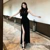 Feminine Celebrity New Sleeveless Vest Hip Dress Pleated Waist Thin Slit Long Dress