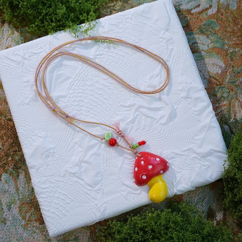 Hand-painted Mushroom Pendant Necklaces Small Flower Sweater Chain Necklaces Gift