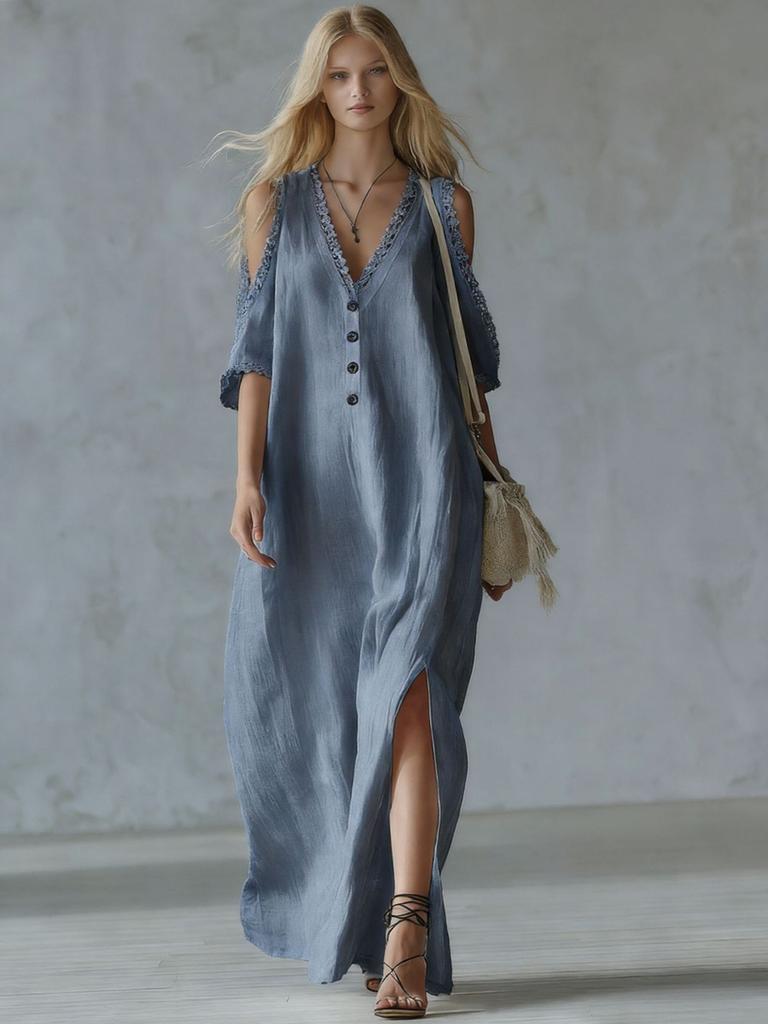 Nouvelle Robe Casual Femme à Bordure en Dentelle Épaules Dégagées Jupe Longue
