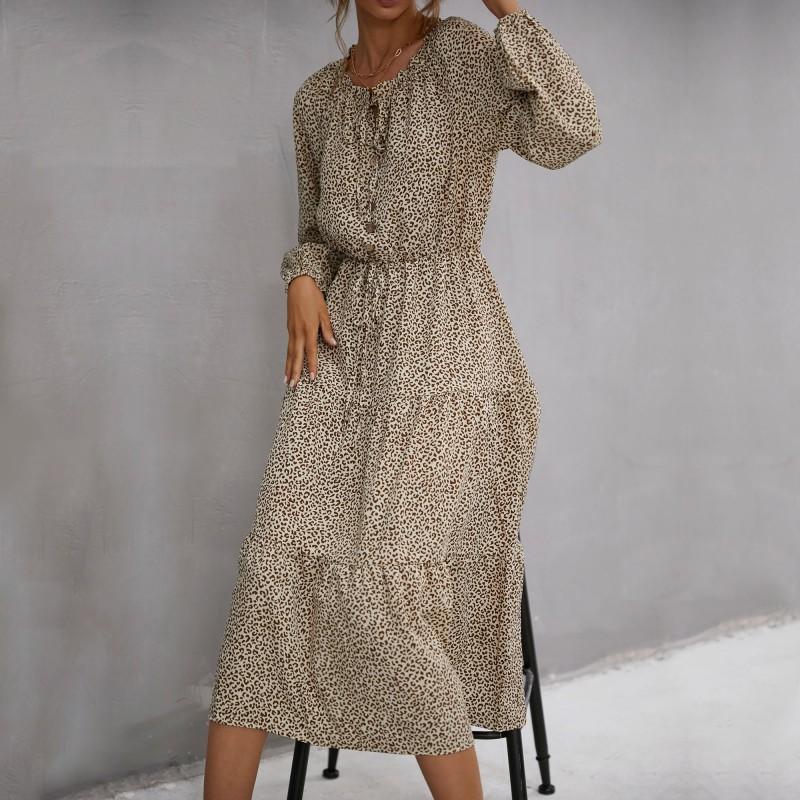 YYFS Robes décontractées à manches longues et col rond pour femmes, mode été printemps imprimé léopard