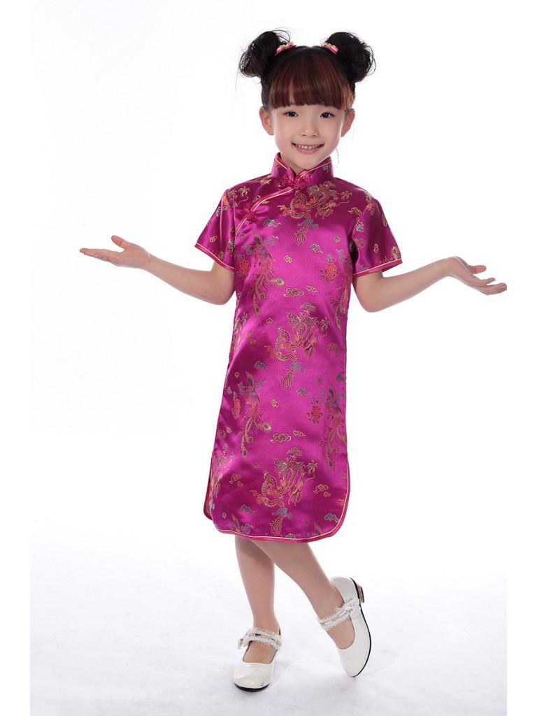 Girls' Ethnic Summer Dragon & Phoenix Tang Suit Qipao Performance Dress - Red